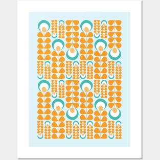 Orange, Aqua, Teal Mid Mod Flowers Pattern Posters and Art